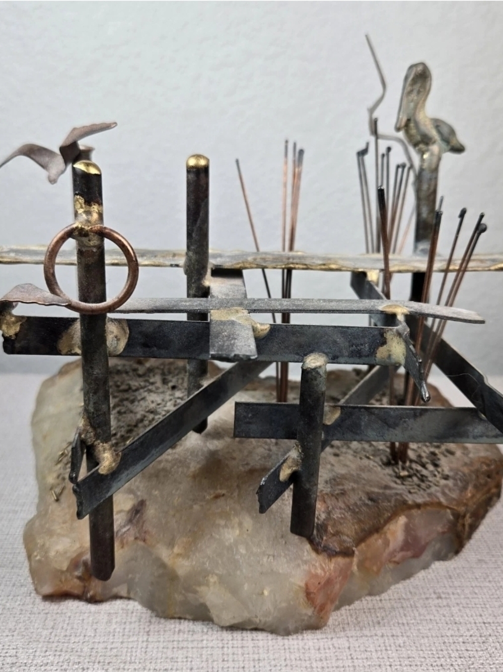 Brutalist Metal Pier Bird Scene Sculpture